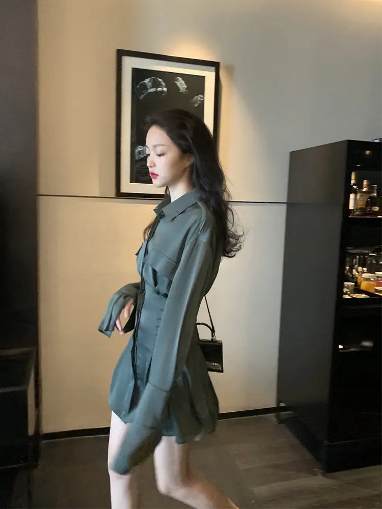 Dark Green Satin Shirt Dress Women's New Design Sense Niche Waist And Thin Temperament Long Skirt.