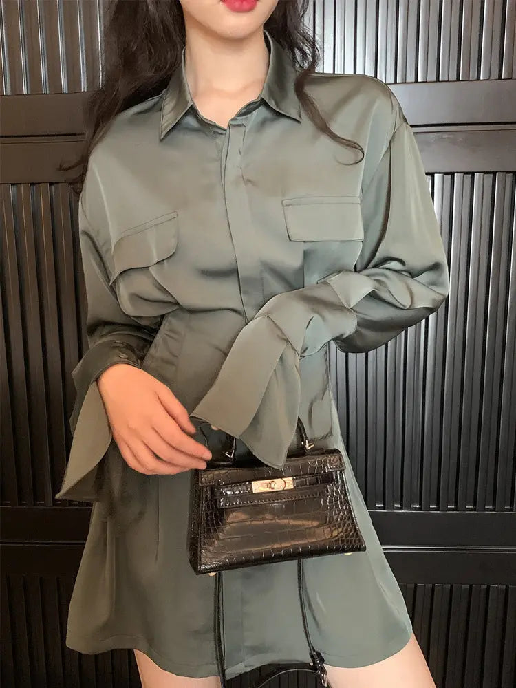 Dark Green Satin Shirt Dress Women's New Design Sense Niche Waist And Thin Temperament Long Skirt.