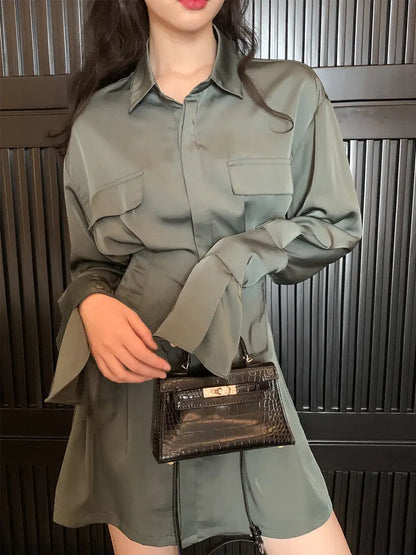 Dark Green Satin Shirt Dress Women's New Design Sense Niche Waist And Thin Temperament Long Skirt.