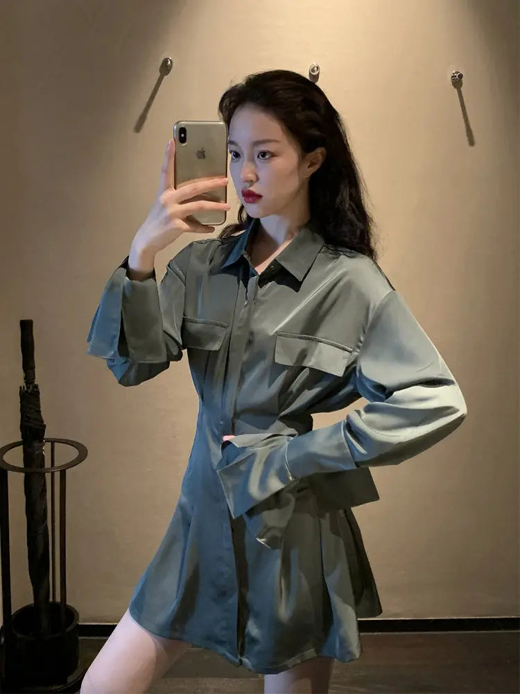 Dark Green Satin Shirt Dress Women's New Design Sense Niche Waist And Thin Temperament Long Skirt.