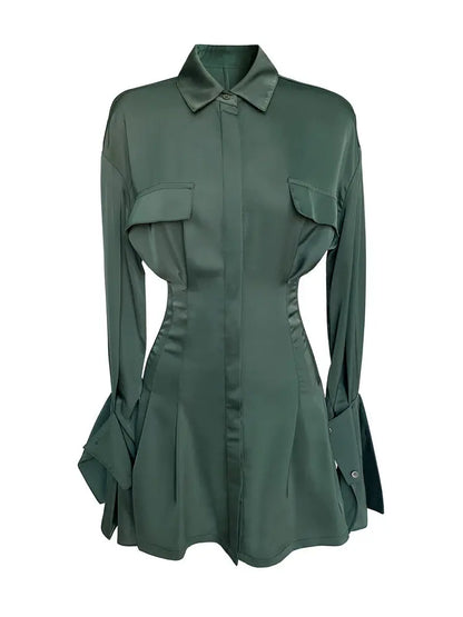 Dark Green Satin Shirt Dress Women's New Design Sense Niche Waist And Thin Temperament Long Skirt.