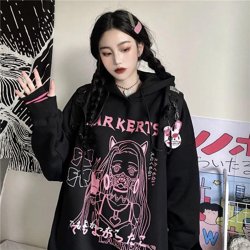 Dark Hoodie Female Two Dimensional Girl Loose Hooded Plus Velvet Coat.