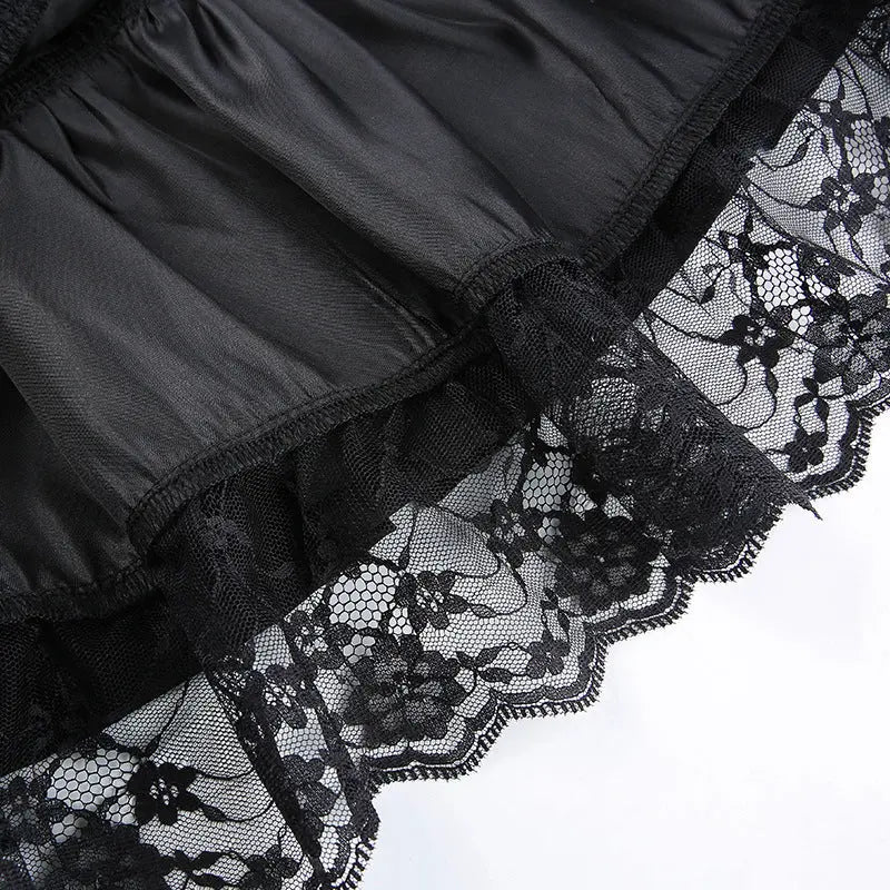 Dark Street Style Lace Stitching Bow Pleated Skirt.