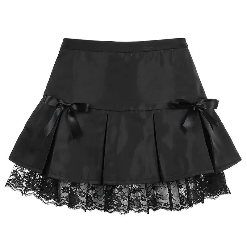 Dark Street Style Lace Stitching Bow Pleated Skirt.
