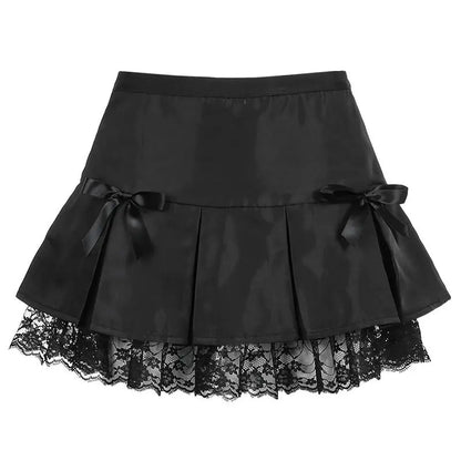 Dark Street Style Lace Stitching Bow Pleated Skirt.