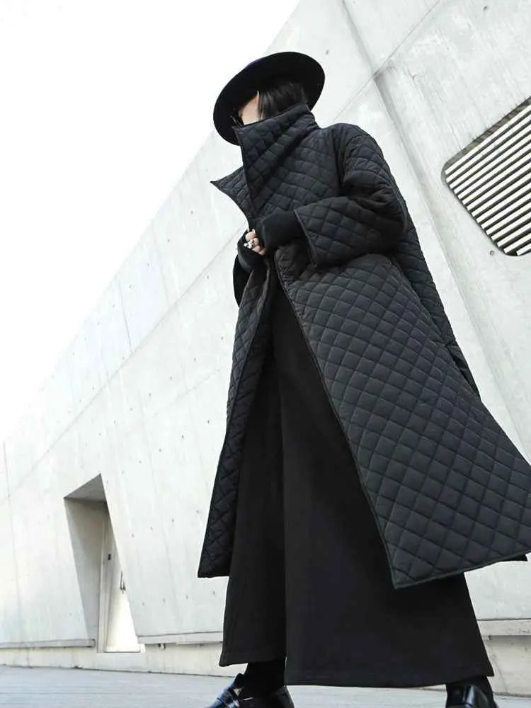 Dark Turn-Up High-Neck Diamond Quilted Cotton Open Side Slit Long Coat - The elite ways