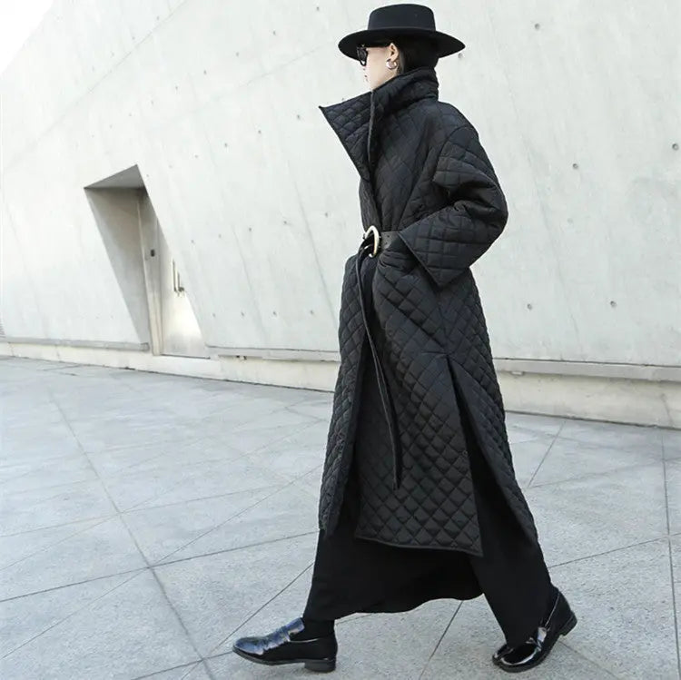 Dark Turn-Up High-Neck Diamond Quilted Cotton Open Side Slit Long Coat.