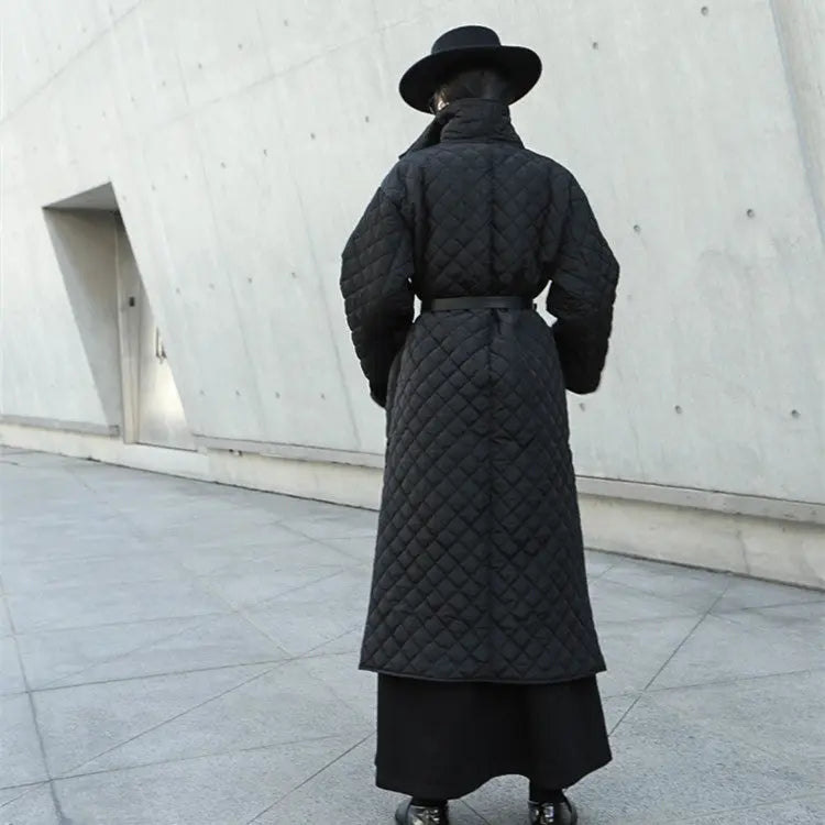 Dark Turn-Up High-Neck Diamond Quilted Cotton Open Side Slit Long Coat.