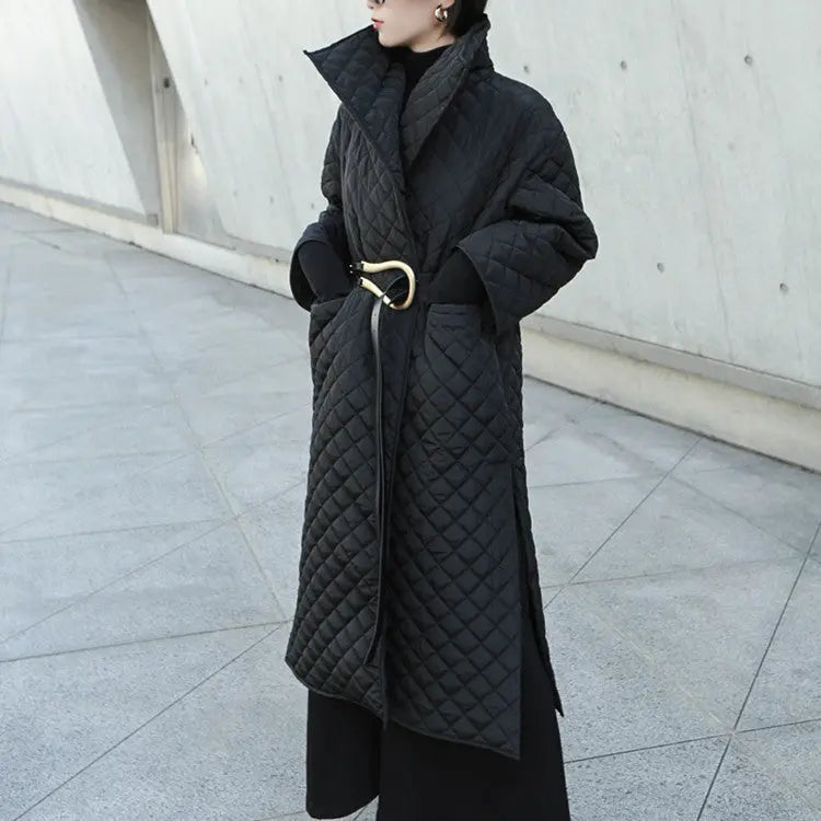 Dark Turn-Up High-Neck Diamond Quilted Cotton Open Side Slit Long Coat.