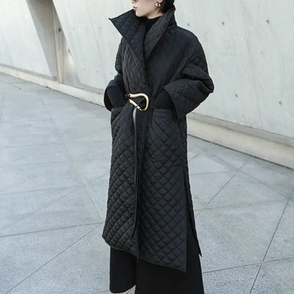 Dark Turn-Up High-Neck Diamond Quilted Cotton Open Side Slit Long Coat.