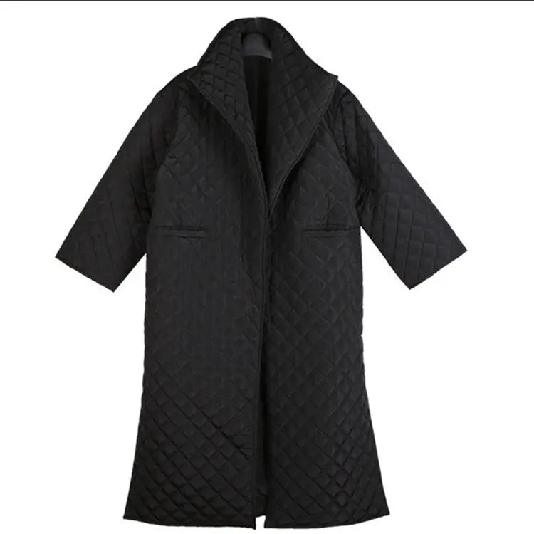 Dark Turn-Up High-Neck Diamond Quilted Cotton Open Side Slit Long Coat.