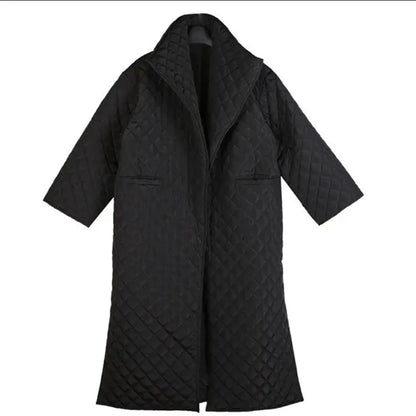 Dark Turn-Up High-Neck Diamond Quilted Cotton Open Side Slit Long Coat.