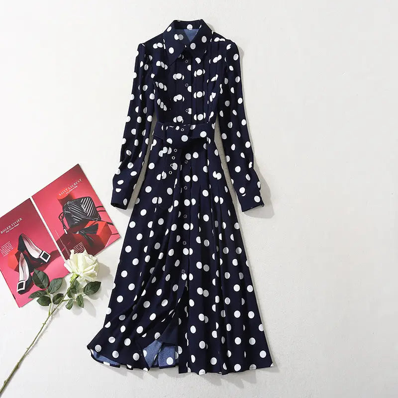 Dark blue polka dot long dress.