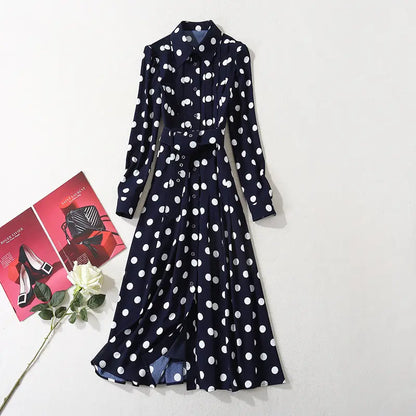 Dark blue polka dot long dress.