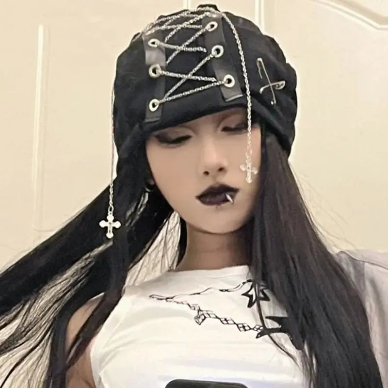 Deep Black Color Cool Harajuku Gothic Lolita Punk Hat Female Cross Autumn And Winter Hat Female Girl Accessories Cap Alamode