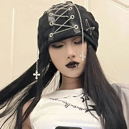 Deep Black Color Cool Harajuku Gothic Lolita Punk Hat Female Cross Autumn And Winter Hat Female Girl Accessories Cap Alamode