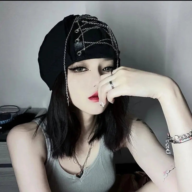 Deep Black Color Cool Harajuku Gothic Lolita Punk Hat Female Cross Autumn And Winter Hat Female Girl Accessories Cap Alamode