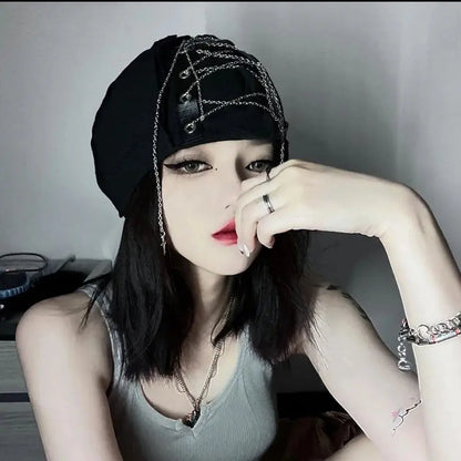 Deep Black Color Cool Harajuku Gothic Lolita Punk Hat Female Cross Autumn And Winter Hat Female Girl Accessories Cap Alamode
