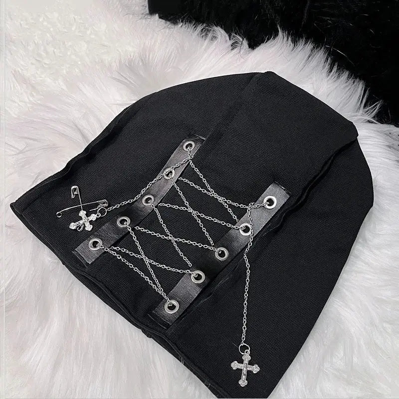 Deep Black Color Cool Harajuku Gothic Lolita Punk Hat Female Cross Autumn And Winter Hat Female Girl Accessories Cap Alamode