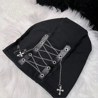 Deep Black Color Cool Harajuku Gothic Lolita Punk Hat Female Cross Autumn And Winter Hat Female Girl Accessories Cap Alamode