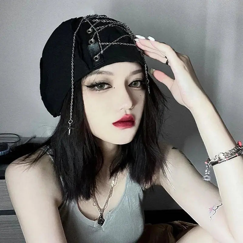 Deep Black Color Cool Harajuku Gothic Lolita Punk Hat Female Cross Autumn And Winter Hat Female Girl Accessories Cap Alamode