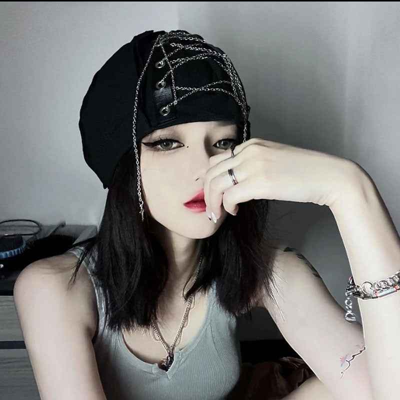 Deep Black Color Cool Harajuku Gothic Lolita Punk Hat Female Cross Autumn And Winter Hat Female Girl Accessories Cap - The elite ways