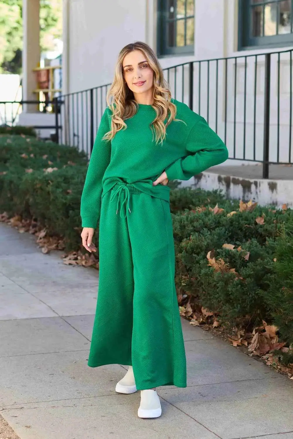Double Take Full Size Textured Long Sleeve Top and Drawstring Pants Set