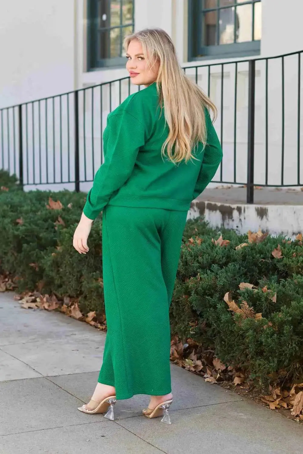 Double Take Full Size Textured Long Sleeve Top and Drawstring Pants Set