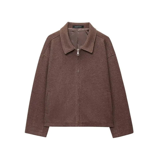 European And American Women's Clothing Brown Polo Collar Jacket Zipper Woolen Coat Alamode