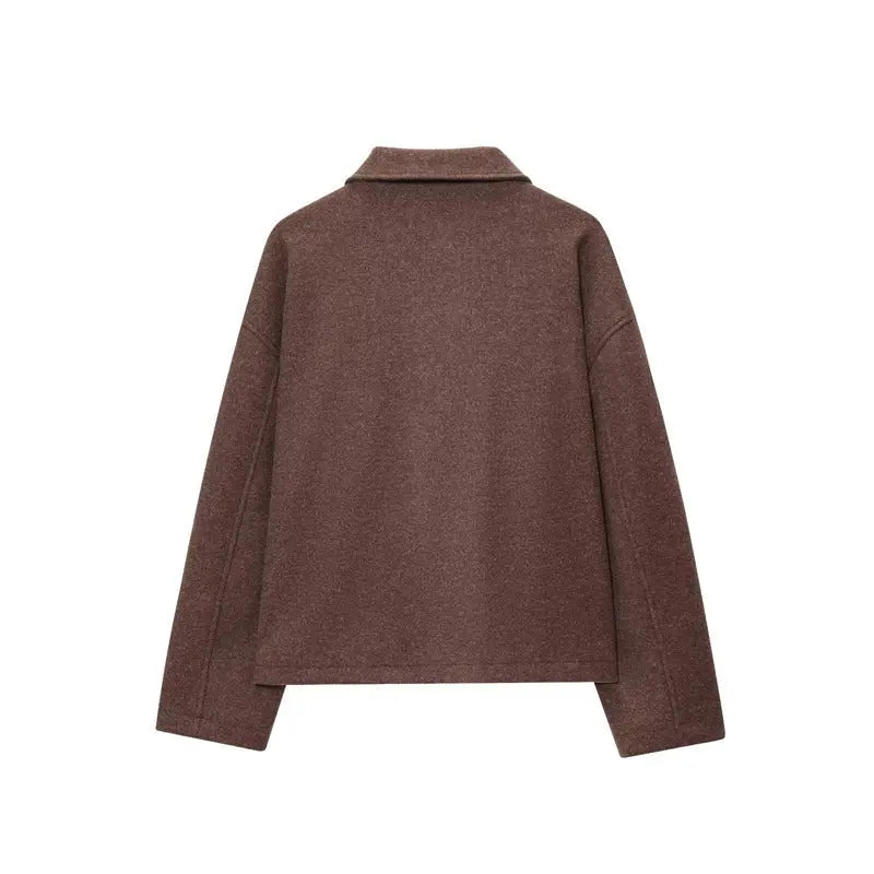European And American Women's Clothing Brown Polo Collar Jacket Zipper Woolen Coat Alamode