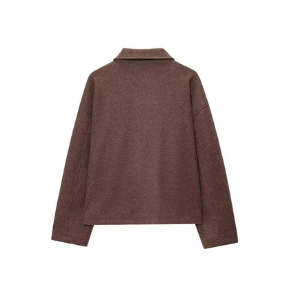 European And American Women's Clothing Brown Polo Collar Jacket Zipper Woolen Coat Alamode