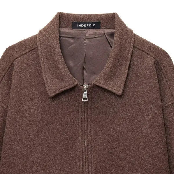 European And American Women's Clothing Brown Polo Collar Jacket Zipper Woolen Coat Alamode