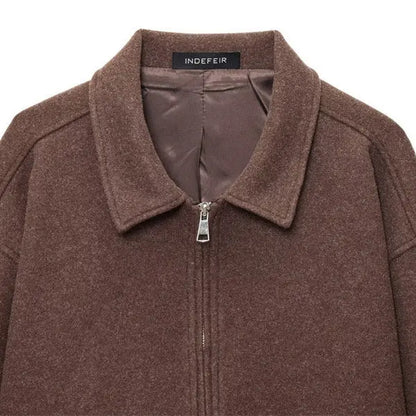 European And American Women's Clothing Brown Polo Collar Jacket Zipper Woolen Coat Alamode