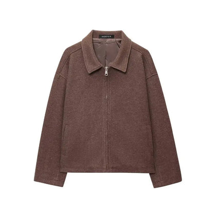 European And American Women's Clothing Brown Polo Collar Jacket Zipper Woolen Coat Alamode