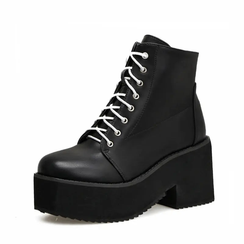 European and American punk leather thick ankle boots female Harajuku thick bottom zipper boots British lace Martin boots The elite ways