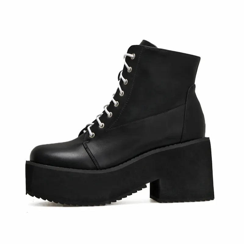 European and American punk leather thick ankle boots female Harajuku thick bottom zipper boots British lace Martin boots The elite ways