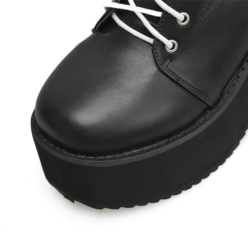 European and American punk leather thick ankle boots female Harajuku thick bottom zipper boots British lace Martin boots The elite ways