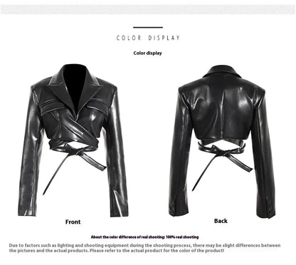 Full Open Cross Lace-up Waist-controlled Chest-flattering Long Sleeve PU Leather Short Coat Alamode