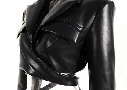 Full Open Cross Lace-up Waist-controlled Chest-flattering Long Sleeve PU Leather Short Coat Alamode