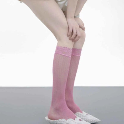 Girly Style Candy Lace Stockings Mouth Polka Dot Fishnet Hollow Mid-calf Socks