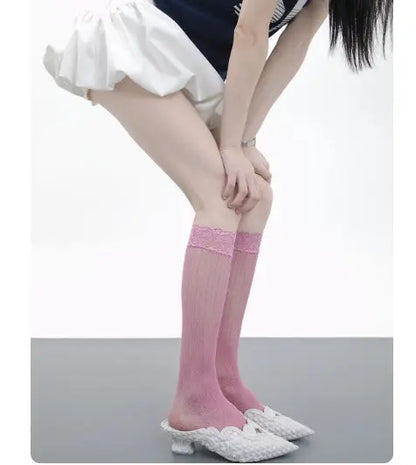 Girly Style Candy Lace Stockings Mouth Polka Dot Fishnet Hollow Mid-calf Socks Alamode