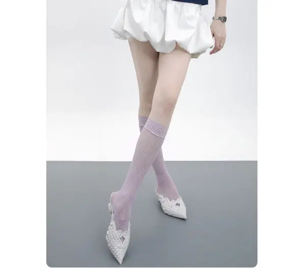 Girly Style Candy Lace Stockings Mouth Polka Dot Fishnet Hollow Mid-calf Socks Alamode