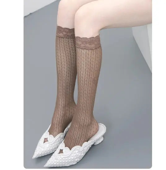 Girly Style Candy Lace Stockings Mouth Polka Dot Fishnet Hollow Mid-calf Socks Alamode