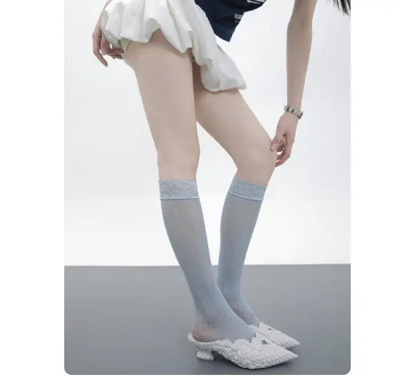 Girly Style Candy Lace Stockings Mouth Polka Dot Fishnet Hollow Mid-calf Socks Alamode