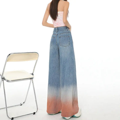 Gradient Color High Waist Wide Leg Jeans For Women Loose-fitting Mopping Pants Alamode