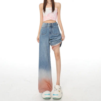 Gradient Color High Waist Wide Leg Jeans For Women Loose-fitting Mopping Pants Alamode