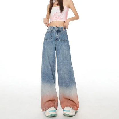 Gradient Color High Waist Wide Leg Jeans For Women Loose-fitting Mopping Pants Alamode