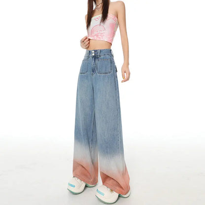 Gradient Color High Waist Wide Leg Jeans For Women Loose-fitting Mopping Pants Alamode