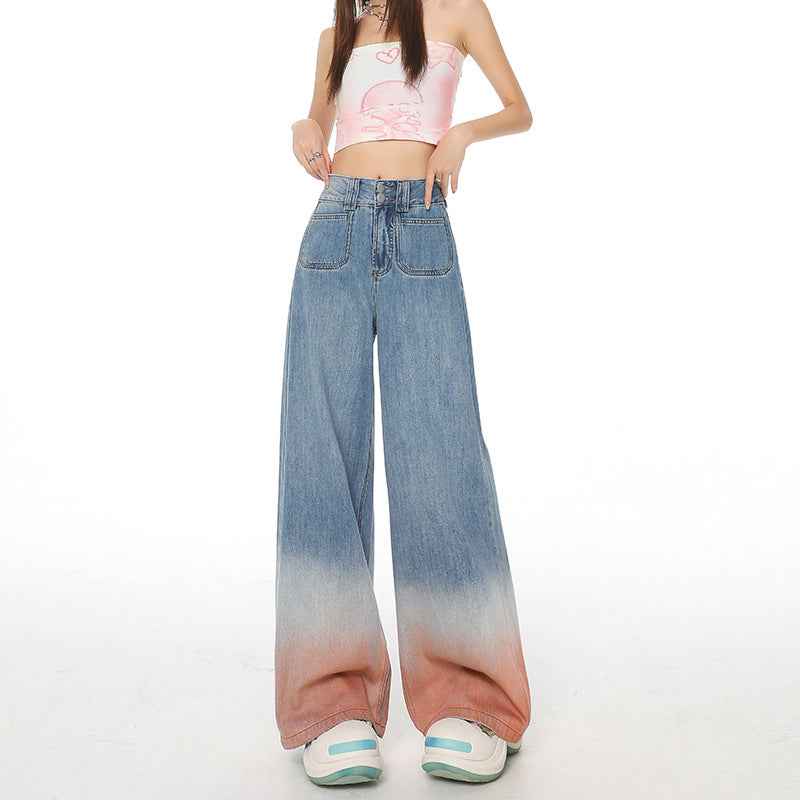Gradient Color High Waist Wide Leg Jeans For Women Loose-fitting Mopping Pants - The elite ways
