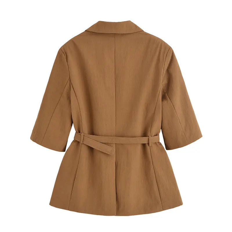 Half Sleeve Lace-up Suit Jacket Linen Leisure Mid Waist Shorts Suit.